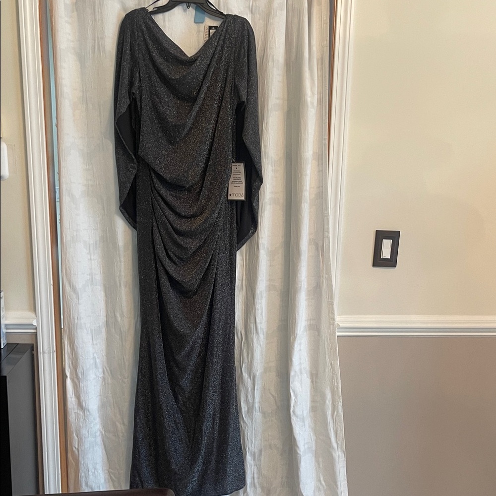Betsy & Adam Shimmering Black Long Sleeve Gown